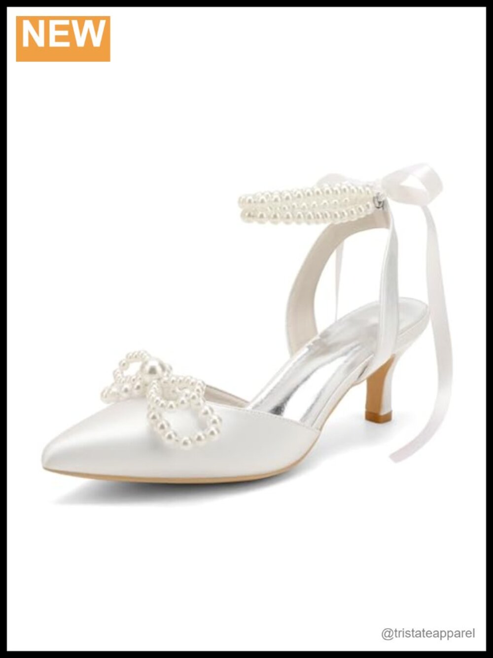 Satin Pearl Kitten Heels Bow Slingback Wedding Shoes